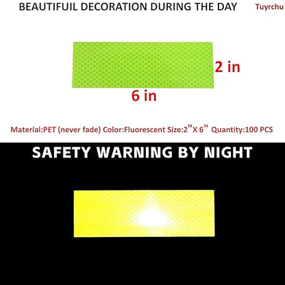 Non Fading Fluorescent Yellow Reflective Stickers 2 inch X 6 inch, Outdoor Waterproof High Visibility Safety Adhesive Reflector (100 Pcs)