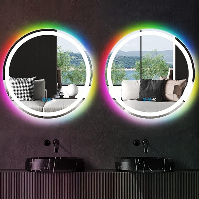 THEKLA 24 Inch Round Led Bathroom Mirror with Lights 3Color Front Light + RGB Rainbow Color Changing Backlit Round Lighted Vanity Mirror for Bathroom Wall Dimmable AntiFog Smart Light up Circle Mirror