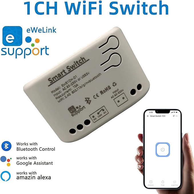 1 Channel Smart WiFi Relay Switching Module USB 5V/AC85V-250V, Supports Bluetooth Control, eWeLink App Remote Control, for Alexa Google Home