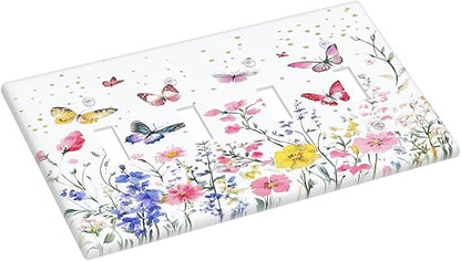 Light Switch Covers Watercolor Floral Butterfly Colorful Wildflower Quad Toggle Electrical Faceplate 4 Gang Wall Plate Decorative Switch Plates For Bed Room Living Room Decor