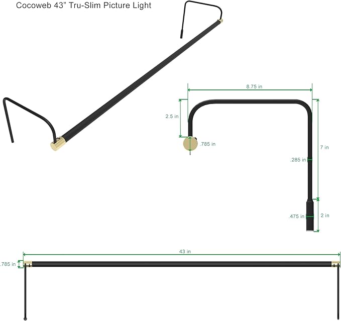 Cocoweb 43 Inch Tru-Slim Black and Brass Picture Light - LED, 2700K, Adjustable Arm, Plug-in, Toggle Switch, Sleek and Compact Design