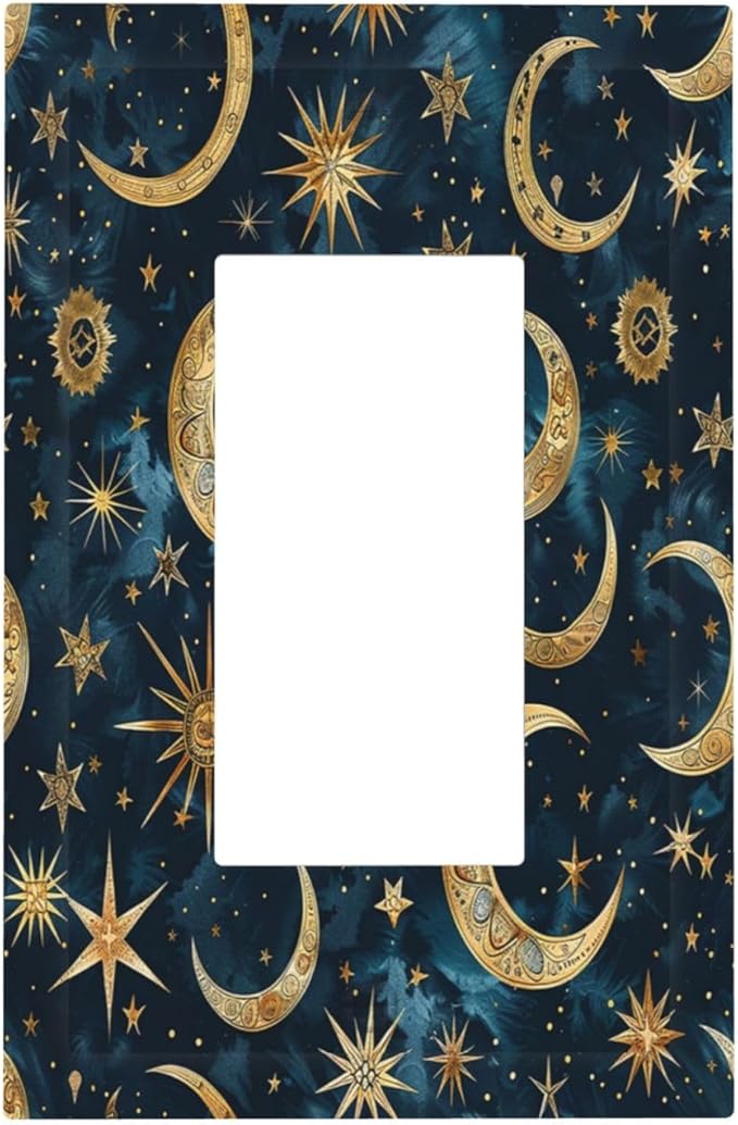 Decorative Outlet Covers Modern Abstract Sky Blue Gold Moon Sun Star 1 Gang Single Rocker Light Switch Cover Plate Wall Plates GFCI Faceplate for Bedroom Kids room Decor
