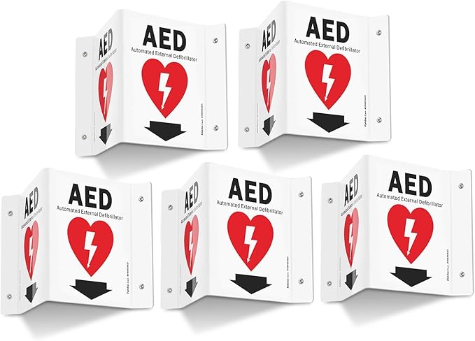 Faittoo AED Sign, AED with Down Arrow - 5 Pack 6 x 8 Inches V-Shaped Acrylic Plastic, 4 Pre-Drilled Holes, Includes Matching Screws, Use for Home Office/Business