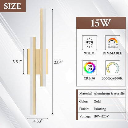 LED Wall Sconce Set of 2 Gold Remote Modern LED Vanity Lights Set of 2 Indoor Wall Light Fixtures for Living Room, Dimmable Wall Sconce for Bedside Bedroom Bathroom, 23.6inch 2 Pack