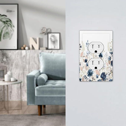 Blue Flora Boho Vintage Flower Golden Leaves Outlet Covers 1 Gang Duplex Light Switch Cover Decorative Switch Plates Electrical Receptacle Faceplate Wall Plate for Bedroom Living Room Decor