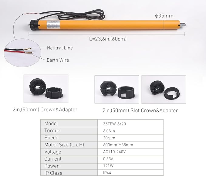 110V/120V Tuya WiFi 35mm Roller Blinds Motor Wired, 6N 20rpm, Smart Google Alexa APP Electric Remote Control Motorized Roller Blinds