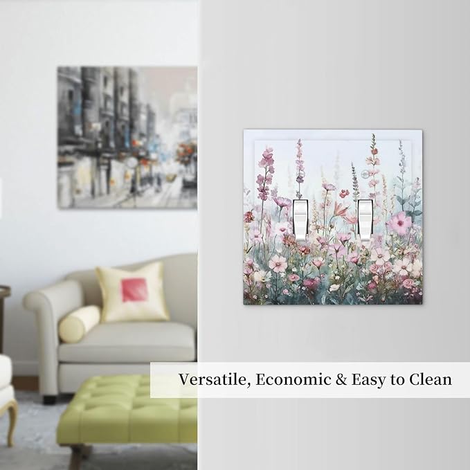 Pink Floral Watercolor Botanical Wildflowers Decorative Switch Plates 2 Gang Double Toggle Outlet Light Switch Cover Wall Plate Electrical Faceplate For Bed Room Living Room Decor