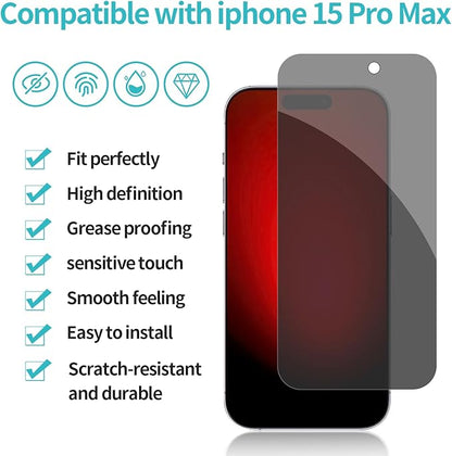 PEHAEL 2+2Pack for iPhone 15 Pro Max Privacy Screen Protector with Camera Lens Protector Full Coverage Anti-Spy Tempered Glass Film 9H Hardness Easy Installation Bubble Free [6.7 inch]