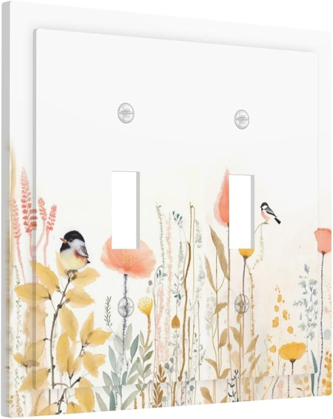 Decorative Switch Plates Colorful Floral Watercolour Cuddly Bird 2 Gang Double Toggle Outlet Light Switch Cover Wall Plate Electrical Faceplate For Bed Room Living Room Decor