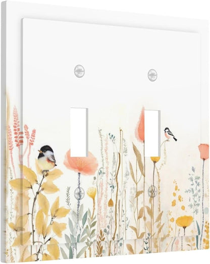 Decorative Switch Plates Colorful Floral Watercolour Cuddly Bird 2 Gang Double Toggle Outlet Light Switch Cover Wall Plate Electrical Faceplate For Bed Room Living Room Decor