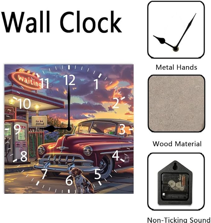 10 in Old Fashioned Gas Station Car -294 Wood Wall Clock – Digital Time Display, Smart Home Compatible for Bedside or Workspace