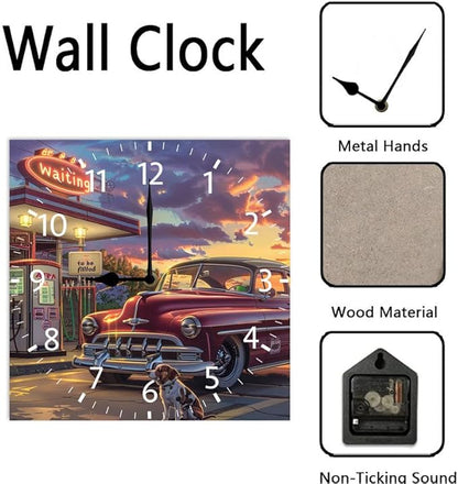 10 in Old Fashioned Gas Station Car -294 Wood Wall Clock – Digital Time Display, Smart Home Compatible for Bedside or Workspace