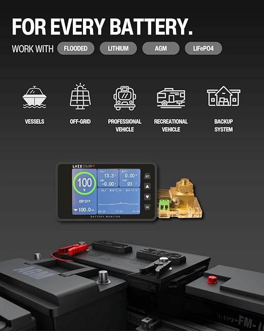 500A Battery Monitor with Shunt, 3.5" Color Screen RV Monitor with 16ft Cable, Support High Low Voltage Current Programmable Alarm for 8-120V Lifepo4, Lithium, Gel, Flooded Battery