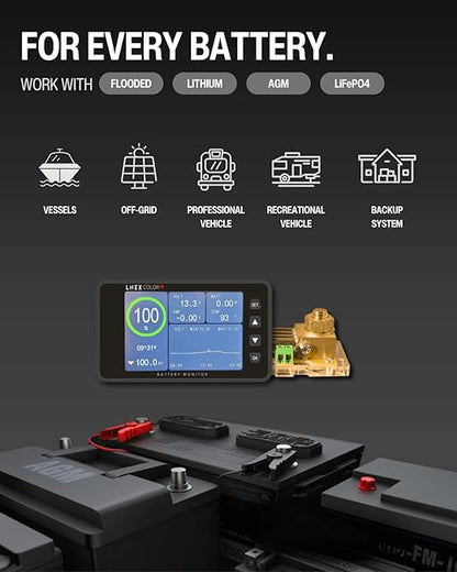 500A Battery Monitor with Shunt, 3.5" Color Screen RV Monitor with 16ft Cable, Support High Low Voltage Current Programmable Alarm for 8-120V Lifepo4, Lithium, Gel, Flooded Battery