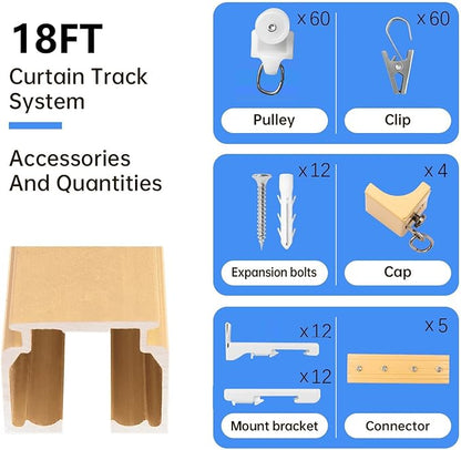 Ceiling Curtain Track Ceiling and Wall Mounted Heavy-Duty Curtains Rails Room Divider Curtains Shower RV Tracks Ceiling Sliding Curtain Rods With Clips, Gold 18ft.