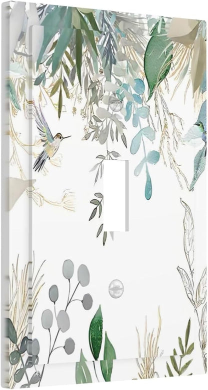 Green Tropical Palm Leaves Flower Plants Hummingbird Decorative Light Switch Cover 1 Gang Single Toggle Device Electrical Faceplate Switchplates Decorator Outlet Wall Plate for Bed Room Living Room