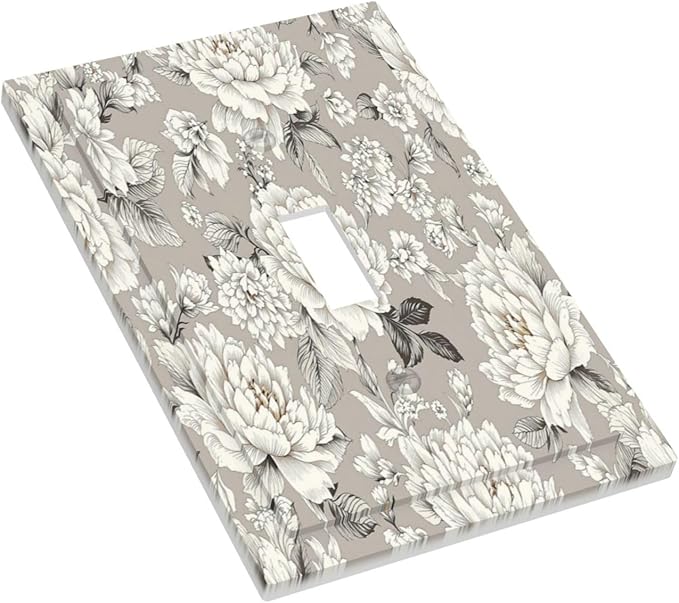 White Poppies Floral Modern Grey Peonies Flowers Decorative Light Switch Cover 1 Gang Single Toggle Decorator Outlet Wall Plate Device Electrical Faceplate Switchplates for Bedroom Bathroom