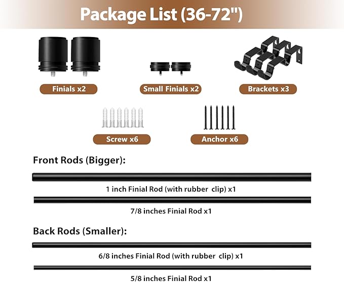 Double Curtain Rod 36 to 72 Inch, HOTOZON 1 Inch Heavy Duty Double Curtain Rods for Windows 24 to 68 Inches(2-5.6 ft), Telescoping Drapery Rod with Simple End Finials, Black