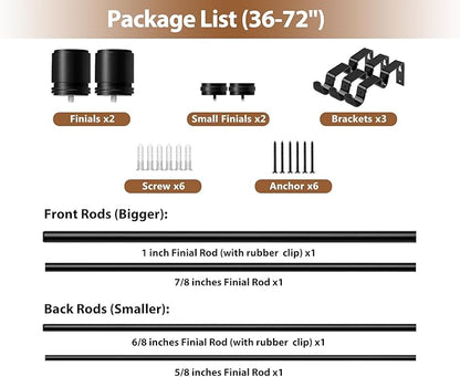 Double Curtain Rod 36 to 72 Inch, HOTOZON 1 Inch Heavy Duty Double Curtain Rods for Windows 24 to 68 Inches(2-5.6 ft), Telescoping Drapery Rod with Simple End Finials, Black