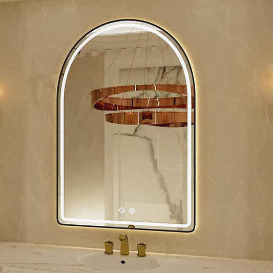 24"x36" Black Framed Arched LED Bathroom Mirror with Lights, Front Light and Backlit Vanity Mirror for Wall, Dimmable LED, Anti-Fog and 3 Colors, Light Up Bathroom Vanity Mirror