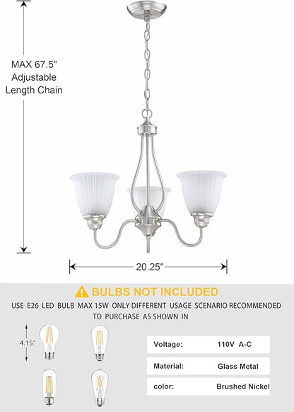 Doraimi Lighting 3 Light Chandelier Stripe Frosted Glass Shade Classic Style Ceiling Pendant Light Fixture Brushed Nickel Finish for Meeting Room Dining Room Over Table Living Room