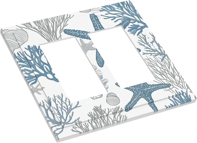 Blue Starfish Nautical Beach Conch Coastal Coral Shell Decorative Outlet Covers 2 Gang Double Gfci Rocker Electrical Wall Panels Light Switch Cover Plate For Kids Room Bathroom Decor