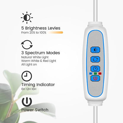 Garpsen Grow Lights for Indoor Plants, Dual-Head Full Spectrum LED Plant Light with Stand, 3 Color Modes Grow Lamp with Timer 6/12/16H, 5 Dimmable Levels, 168 LEDs and 67''Height Adjustable(White)