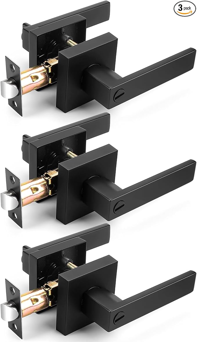 Probrico Interior Black Door Handle, Heavy Duty, Flat Square Privacy Door Handles, Keyless Door Levers Lockset for Bedroom and Bathroom (3 Pack, Modern)