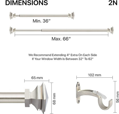 Deco Window 2 Pcs 36"-66" Extendable Curtain Rod for Door & Windows Adjustable Iron Telescopic Drapery Bar with Stacked Square Finials (1" Diameter, Satin Silver)