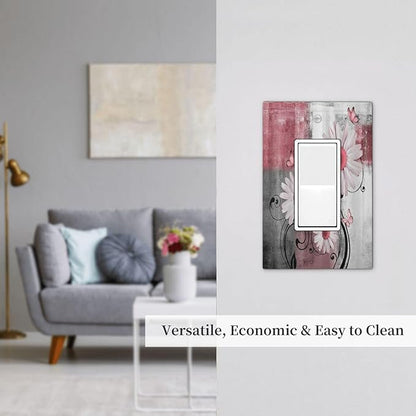 Decorative Outlet Covers Pink Floral Rustic Daisy Flower And Butterfly 1 Gang Single Rocker Light Switch Cover Plate Wall Plates GFCI Faceplate for Farmhouse Cabin Decor