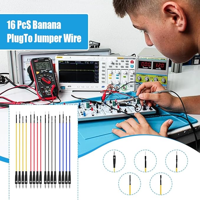 Banana Plug Jumper Wires Kit, 16pcs 4mm Stackable Breadboard Jumper Test Lead, Male to Female, Universal Breakout Test Leads for Electrical Testing