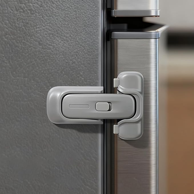 CLYMENE Child Proof Fridge Lock, Auto-Locking Refrigerator Door Latch with One-Hand Operation | No Keys or Straps | Keeps Freezer Secure from Kids & Pets – Grey