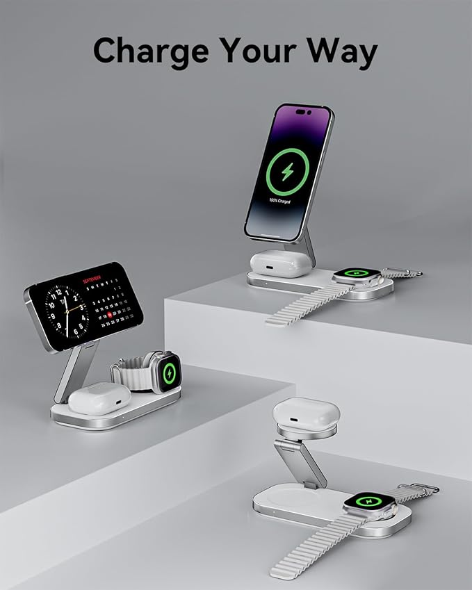 3 in 1 Wireless Charging Station for Apple Devices, Magnetic Foldable Fast Charger Stand Compatible with MagSafe for iPhone Air/17/16/15/14/13/12 Series, Apple Watch & AirPods Pro/4/3/2
