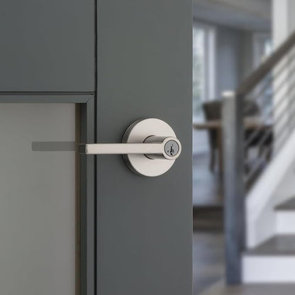 Kwikset Halifax Entry Door Handle with Lock and Key, Secure Round Keyed Reversible Lever Exterior, for Front Entrance and Bedrooms,Satin Nickel, Pick Resistant Smartkey Rekey Security and Microban