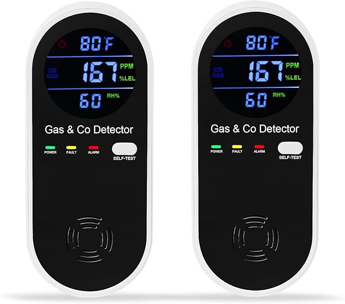 2 Packs Natural Gas & Carbon Monoxide Detector, 4-in-1 Explosive Gas & Carbon Monoxide Alarm with Temperature(°F) & Humidity for Home,RV,Hotel,Apartment