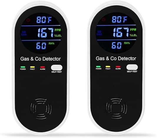 2 Packs Natural Gas & Carbon Monoxide Detector, 4-in-1 Explosive Gas & Carbon Monoxide Alarm with Temperature(°F) & Humidity for Home,RV,Hotel,Apartment