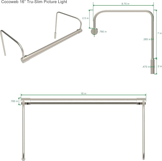 Cocoweb 16 Inch Tru-Slim Satin Nickel Picture Light - LED, 2700K, Adjustable Arm, Plug-in, Toggle Switch, Sleek and Compact Design