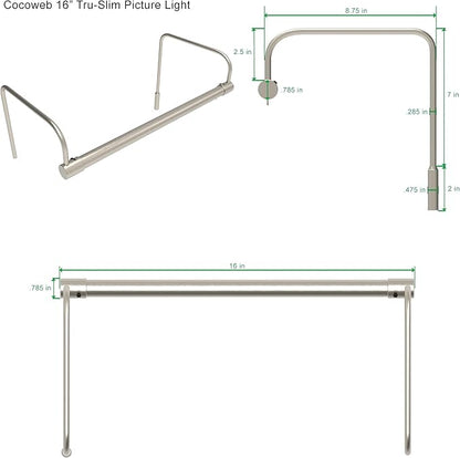 Cocoweb 16 Inch Tru-Slim Satin Nickel Picture Light - LED, 2700K, Adjustable Arm, Plug-in, Toggle Switch, Sleek and Compact Design
