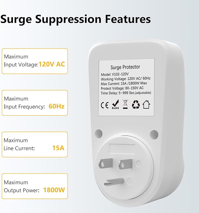 BSEED Surge Protector, 1800W Wall Surge Protector for Refrigerator, TV, PC, Home Appliance, Voltage Regulator with LED Display Screen, Adjustable Voltage Protector, 15A, 120V, 2 Pack