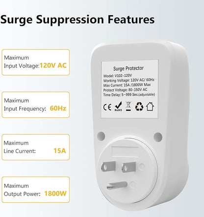 BSEED Surge Protector, 1800W Wall Surge Protector for Refrigerator, TV, PC, Home Appliance, Voltage Regulator with LED Display Screen, Adjustable Voltage Protector, 15A, 120V, 2 Pack