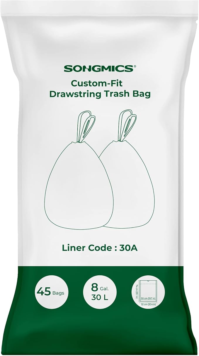 SONGMICS Trash Bags for 8-Gallon (30 L) Trash Cans, Drawstring Kitchen Garbage Bags, Pre-Separated, Liner Code 30A, 1 Roll, 45 Count, White UKRB30A