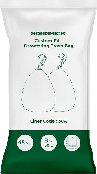 SONGMICS Trash Bags for 8-Gallon (30 L) Trash Cans, Drawstring Kitchen Garbage Bags, Pre-Separated, Liner Code 30A, 1 Roll, 45 Count, White UKRB30A