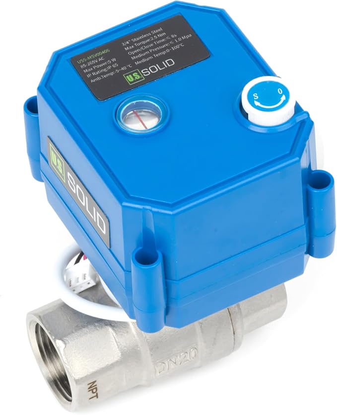 U.S. Solid Motorized Ball Valve with Manual Function - 3/4" Stainless Steel, Full Port, 85-265V AC, 2-wire Automatic Return, Normally Closed