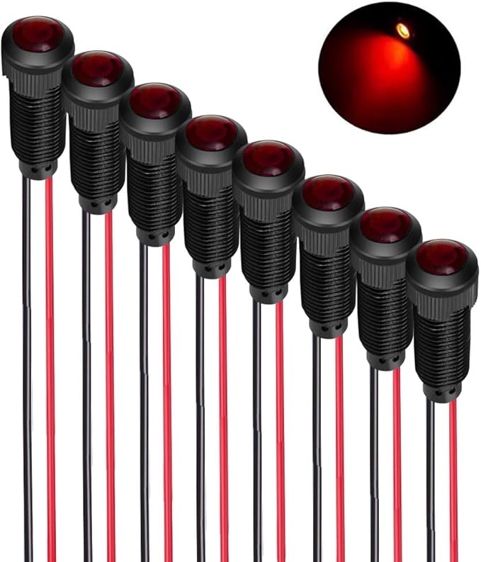 8pcs Red LED Indicator Pilot Light AC/DC 12-24V Mounting Hole Size 8mm(Flame Retardant Plastic Shell)