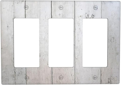 Rustic White Grey Wood Grain Light Switch Covers 3 Gang Rocker Decorative Triple Outlet Wall Plate Cover Electrical GFCI Switchplate for Bedroom Bathroom Decor