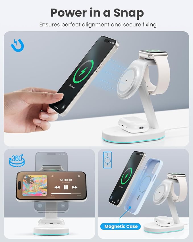 3 in 1 Wireless Charger Charging Station for iPhone,Qi2 Certified 15W Magnetic Charging Stand for Mag-Safe with 30W USB C Adapter&Friendly Night Light for iPhone 16/15/14/13/12,Apple Watch,AirPods