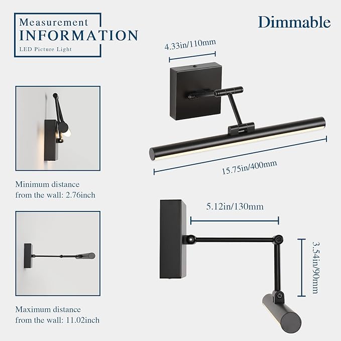 Joossnwell LED Picture Lights for Paintings Dimmable 15.5 Inch Long Hard-Wired Art Lights for Paintings Black Gallery Light with Adjustable Swing Arm Artwork Display Lamps 7W 3000K Warm White