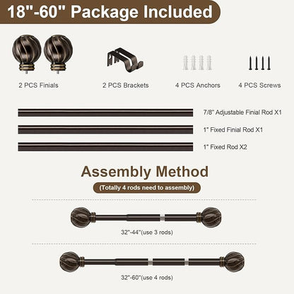 Brown Curtain Rods for Windows 28 to 48 Inch 7/8" Diamete Heavy Duty Adjustable Window Curtain Rod with Decorative Finials for Farmhouse Bedroom Living Room Kitchen Outdoor