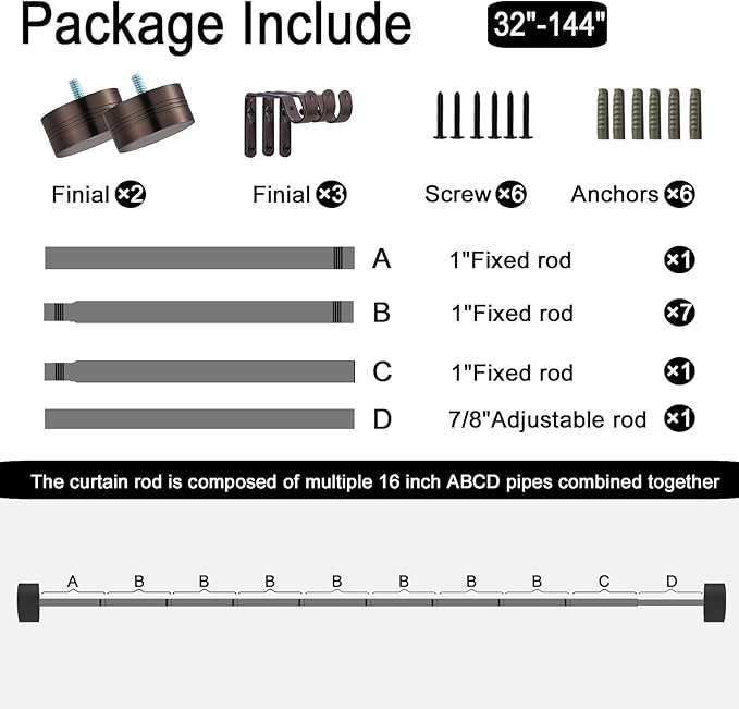 Adjustable Curtain Rods-18 to 144 Inches,1 Inch Modern Metal Drapery Rods, Adjustable Heavy Duty Curtain Pole with Simple End Caps