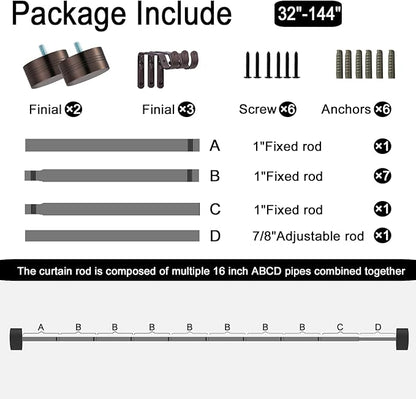 Adjustable Curtain Rods-18 to 144 Inches,1 Inch Modern Metal Drapery Rods, Adjustable Heavy Duty Curtain Pole with Simple End Caps